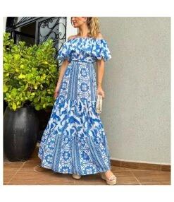Sexy Off-Shoulder Print Maxi Dresses High Waist Lace-Up Wholesale Bohemian Dress For Women SDN562180