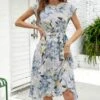 Women Floral Print Short Sleeve Round Neck Tie Waist Wholesale Swing Dresses SDN580893