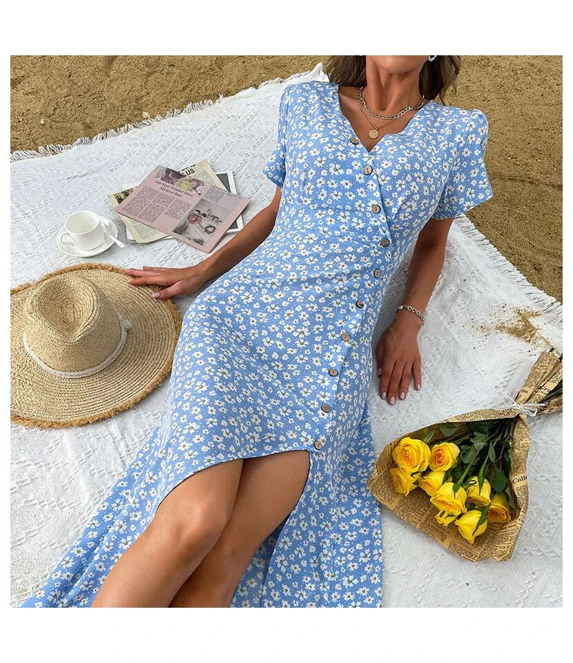 Women Floral Print V Neck Short Sleeve Button High Slit Wholesale Swing Dresses SDN580404 - Image 4