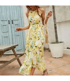 Women Floral Print Halterneck Sleeveless Tie Waist Wholesale Swing Dresses SDN580896