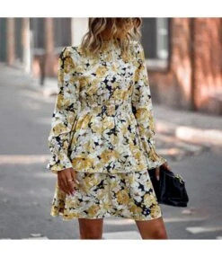 Floral Print Long Sleeve Casual Swing Ruffled Dress Wholesale Dresses SDN536932