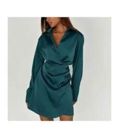 Sexy Lapel Nipped Waist Long Sleeve Ruched Wrap Satin Dress Wholesale Dresses SDN538619