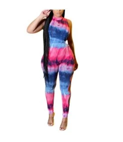 Tie Dye Print Stand Collar Sleeveless Cutout Womens Jump Suits Sexy Wholesale Jumpsuits SJ168722