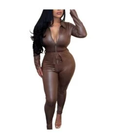 Sexy PU Leather Long-Sleeve Zipper Bodycon Women Jump Suit Wholesale Jumpsuits SJN538704