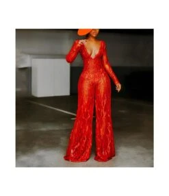 Sequin Deep V Bright Red Wide Leg Women Jump-Suits Wholesale Jumpsuit SJ5117485