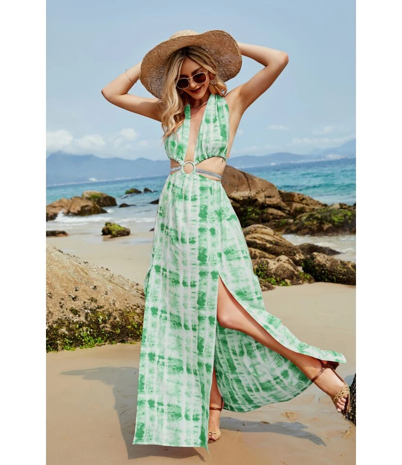 Backless Halter Wholesale Maxi Dresses Slit Design Off Shoulder Printed SD181694 - Image 9