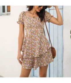 Women Floral Print Puff Sleeve Square Neck Ruffle Hem Wholesale A Line Dresses SDN580687