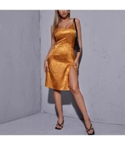 Women Fashion Spaghetti Strap Plain Color Low Cut Slit Wholesale Bodycon Dresses SD204362