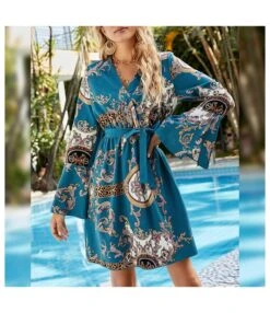 Fashion Floral V-Neck Flare Sleeve Dress High Waist Lace-Up A-Line Resort Wholesale Dresses SDN560786