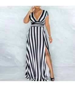 Fashion Striped Slit Design Wholesale Maxi Dresses Deep V Sexy Womens Clothing SD203474