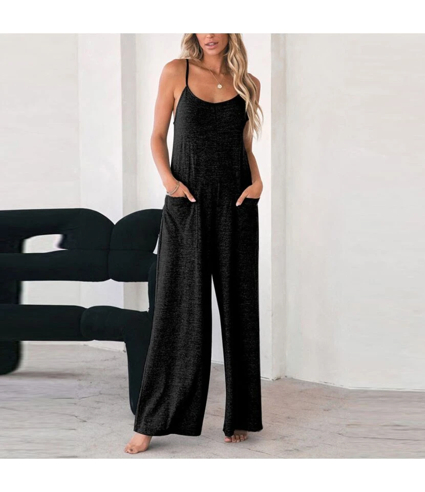 Thin Loose Wide-Leg Solid Color Suspender Jumpsuit Wholesale Women'S Clothing N4623051900047 - Image 2