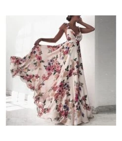 Floral Print Plunge Neck Leaky Back Large Swing Dress Sling Wholesale Maxi Dresses SDN532862