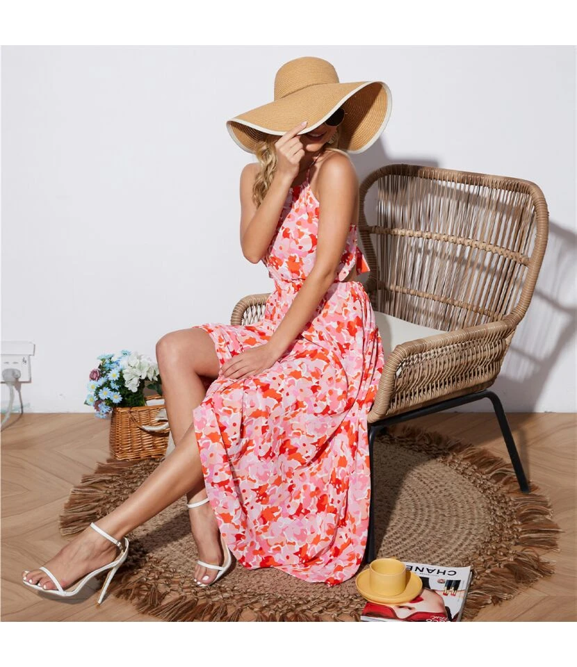 Women Floral Print Halterneck Sleeveless Backless Wholesale Swing Dresses SDN580513 - Image 6