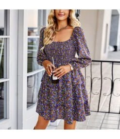 Floral Print Lantern Long Sleeve Square Collar Cake Dress Wholesale Dresses SDN535557