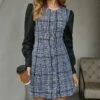 Tweed Patchwork Button Down O-Neck Short Dress SD080171