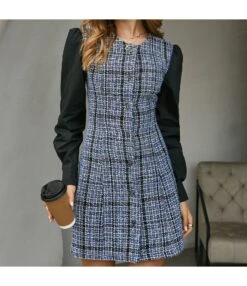 Tweed Patchwork Button Down O-Neck Short Dress SD080171