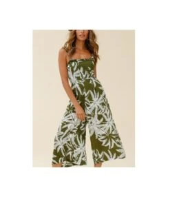 Palm Print Strap Ruffles Sling Midi Wide-Leg Womens Jump Suits Vacation Wholesale Jumpsuits SJ531349