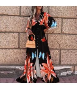 Casual V-Neck Print Maxi Dress Single-Breasted Long Sleeve Resort High Slit Wholesale Dresses SDN560693
