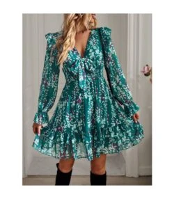 Floral Print Tie-Up Collar Lapel Casual Swing Ruffled Dress Wholesale Dresses SDN538433