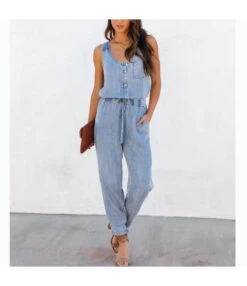 Casual Pocket Slim Drawstring Washed Denim Jump Suit Wholesale Jumpsuits N5323031000029