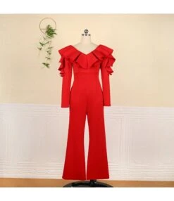 Wholesale Jumpsuits V-Neck Ruffled Long-Sleeved High-Waisted Wide-Leg Pants SJ180526