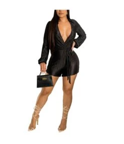 Sexy V-Neck Low Cut Long Sleeve Pleated Lace-Up Romper Wholesale Women Clothing SJN562363