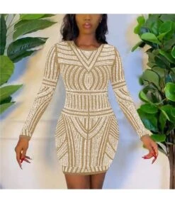 Rhinestone Round Neck Long Sleeves Ladies Wholesale Bodycon Dresses SD200612
