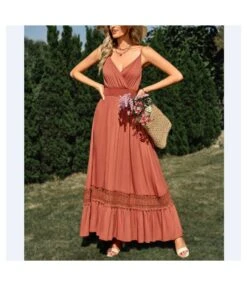 Sexy Solid Color Waist V-Neck Vacation Suspender Swing Dress Wholesale Maxi Dresses SDN539148