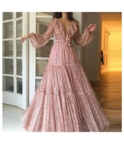 Sequined Sexy V-Neck Long-Sleeved Elegant Swing Gown Maxi Dress Wholesale Dresses SDV463669