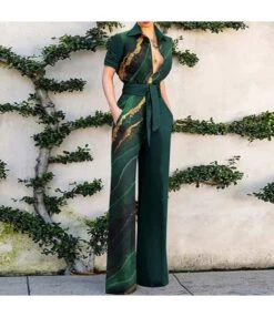 Fashion Printed Long Sleeve Lapel Loose Casual Jumpsuit Wholesale Women Clothing SJN360713
