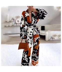 Chic Buttoned Commuter Lapel Long Sleeve Printed Boho Wholesale Women'S Jumpsuit SJV463513