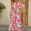 Floral Print Short Sleeve V Neck Tie-Up Waist High Slit Resort Dress Wholesale Maxi Dresses SDN533200
