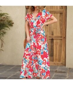 Floral Print Short Sleeve V Neck Tie-Up Waist High Slit Resort Dress Wholesale Maxi Dresses SDN533200