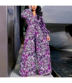 All Over Print Long Sleeve V Neck Wide Leg Wholesale Women's Jumpsuits And Rompers N3823101700042