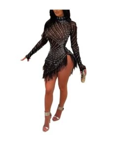 Rhinestone Sexy Hollow Tight Dress Mesh Wholesale Womens Clothing N3823111400043