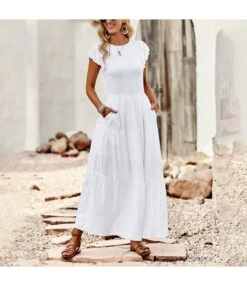 Pleated Solid Color Elegant Round Neck Dress Wholesale Dresses N4623041200018