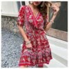 Women Floral Print Puff Sleeve V Neck Wholesale Swing Dresses SDN580403