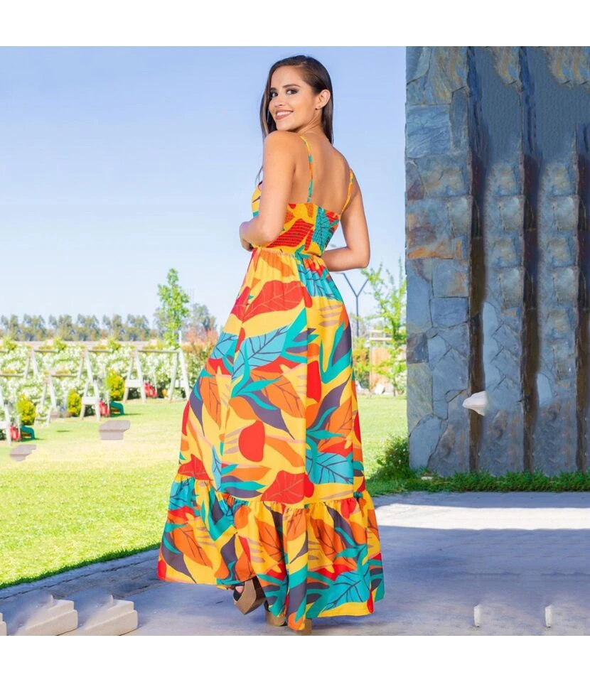 Colorful Printed Plunge Neck High Waist Resort Sundresses Ruffled Slip Dress Wholesale Maxi Dresses SDN533566 - Image 3