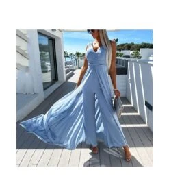 Solid Color Deep V Wide-Leg Suspenders Sleeveless Jumpsuit Wholesale Women'S Clothing N46423032800112