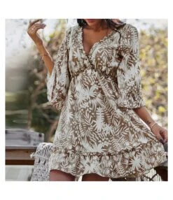 Sexy Deep V Print Ruffle Dress Short Sleeve Loose Wholesale Dresses SDN560603
