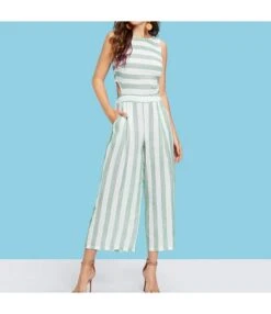 Striped Print Sleeveless Hollow Out Wide Leg Wholesale Jumpsuits With Pockets SJ184088