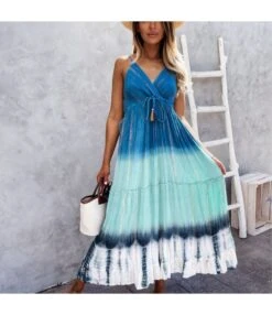 Tie-Dye Print V Neck Fringe Sling Sundresses Holiday Slip Swing Ruffled Dress Wholesale Maxi Dresses SD531876