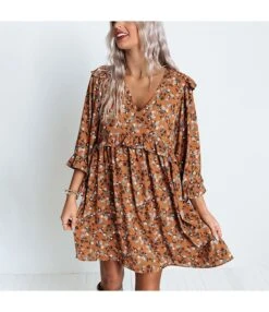 Floral Print Long Sleeve V Neck Wholesale Swing Dresses For Women SD204194