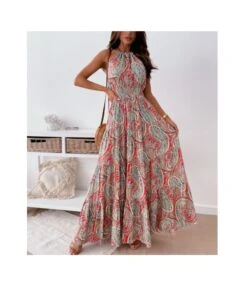 Floral Print Halter Neck Sleeveless Wholesale Maxi Dresses Backless Bohemian Dresses SD203575