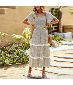 Elegant Ruffle Sleeve Floral Print Strapless Collar Long Dress Wholesale Dresses V5923041200046