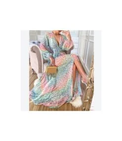 Colorful Leopard Print Deep-V Lantern Sleeve Slit Swing Dress Sexy Vacation Wholesale Maxi Dresses SD531915