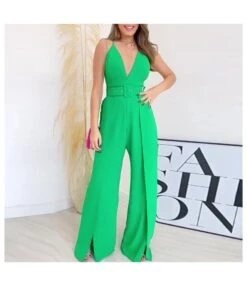 Suspension V-Neck High Waist Slit Hem Wide Leg Pants Wholesale Women Jumpsuit N3823100900077