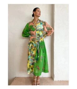 Fashion Graffiti Print Single Breasted Lantern Sleeve Tie Waist Dress Wholesale Dresses N5923080800047