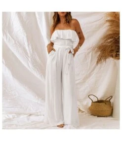 Ruffled Wide-Leg Off-The-Shoulder Solid Color Jumpsuit Wholesale Women'S Clothing N4623051900038