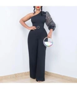 Sexy Slant Shoulder Waisted Wide Leg Jumpsuit With Belt Wholesale Womens Clothing N5923080800086